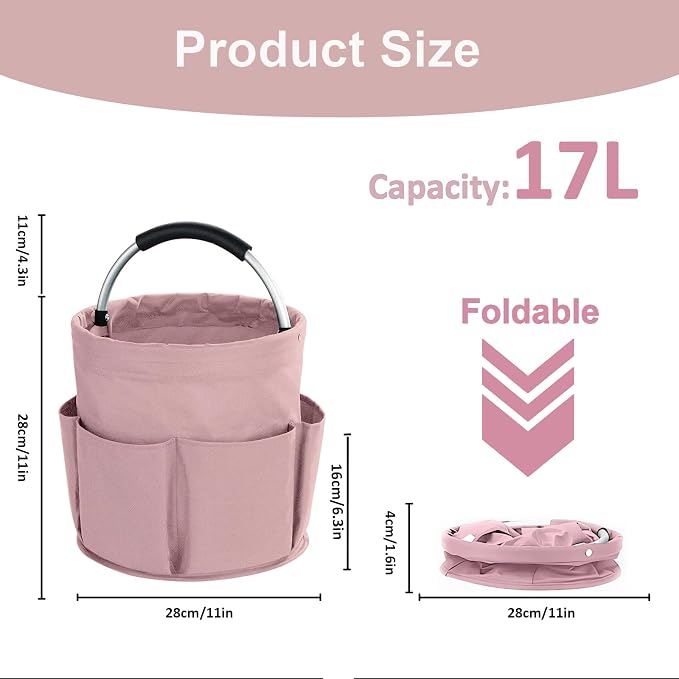 17L Cleaning Caddy with Handle, Cleaning Supplies Organizer, Foldable Storage Basket, Cleaning Supply Caddy, Portable Multi Cleaning Bucket Bag for Home, Garden (Pink)
