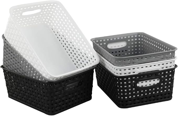 6-Pack Plastic Storage Basket, Woven Basket Bin | Breathable Woven Design, Plastic Structure, Cutout Side Handles, Ideal for Pantry, Cabinet and Office Supply Organization