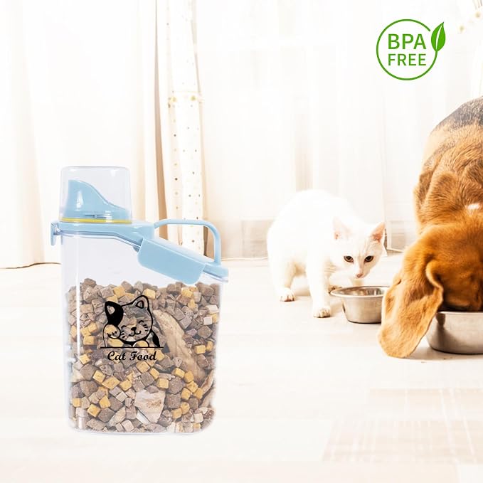 Cat Food Storage Container Airtight |3 Qt/2.8 L Clear Plastic Cat Puppy Food Treats Container with Measuring Cup|Hold up to 3.8lbs Pet Food|Portable Food Containers for Travel|BPA Free-Blue