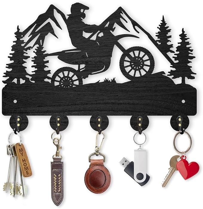 MAYJOYDIY Motorcycle Mountain Forest Coat Hooks, Wall Mounted 11.8x7.9in, 5 Alloy Hooks, Rust Resistant, Wooden Key Holder, Black, 35 Pound Weight Capacity