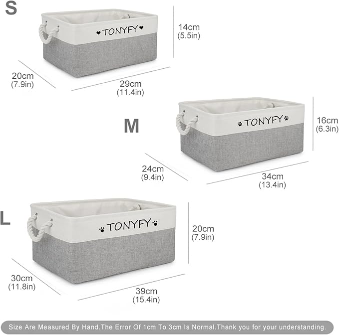 Pet Toy Storage Box Dog Toy Organizer Basket Personalized Large Capacity Collapsible Bin Two-Tone Linen Chest with Sturdy Handles for Living Room Pet Supplies Organizing (White Gray S)