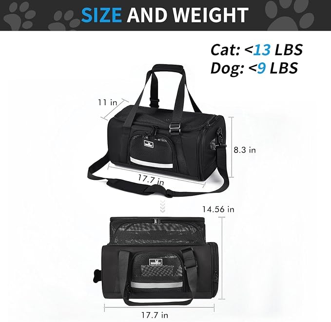 Wakytu Airline Approved Pet Carrier, Collapsible Cat Carrier, Expandable Dog Carrier, 900D High Density Oxford Cloth, Wear-Resisting, Anti Tearing, Safety Lock Zipper, Reflective Tape | 3 entrances & 5 vents, waterproof rip-stop, anti-escape locks, pad...