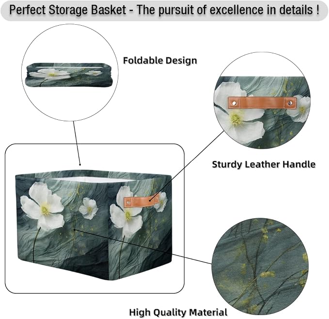 White Floral Flower Rectangular Storage Bin Collapsible Storage Basket Organizer Boxes with Leather Handle Storage Cube for Shelves Toy Laundry Nursery 1 PC
