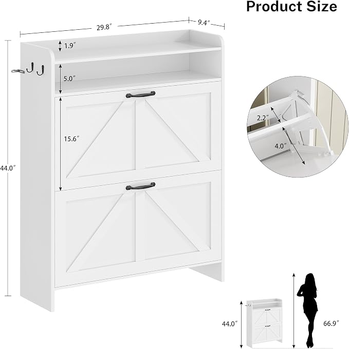 Shoe Storage Cabinet with 2 Flip Drawers for Entryway,Hallway | 9.4"Deep,Freestanding Shoes organizer,Adjustable & Removable Shelves,2 Hooks,Anti-tip Device,White