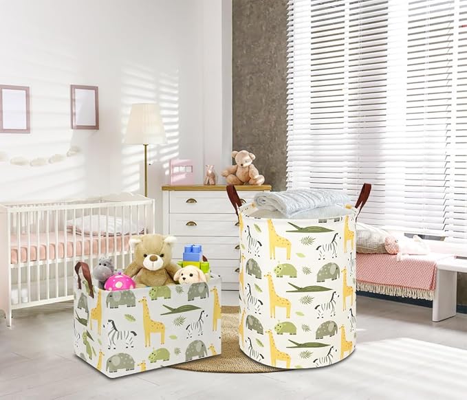 NTAOHAMPER Rectangular Green Storage Basket,Collapsible Gift Basket with Handles,Kids Toys/Books Box,Room Decor(Green Animal)