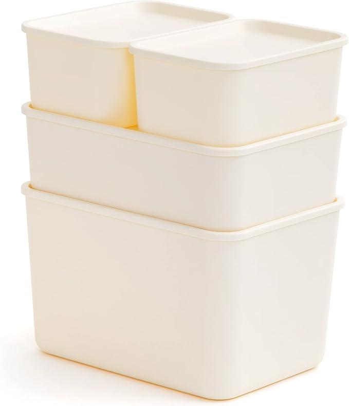 IRIS USA Storage Bins with Lids |Made in USA| Combo (S/M/L) - Off White | Modern Basket Container Boxes for Bedroom, Living Room, Kitchen, Bathroom & Closet Organization