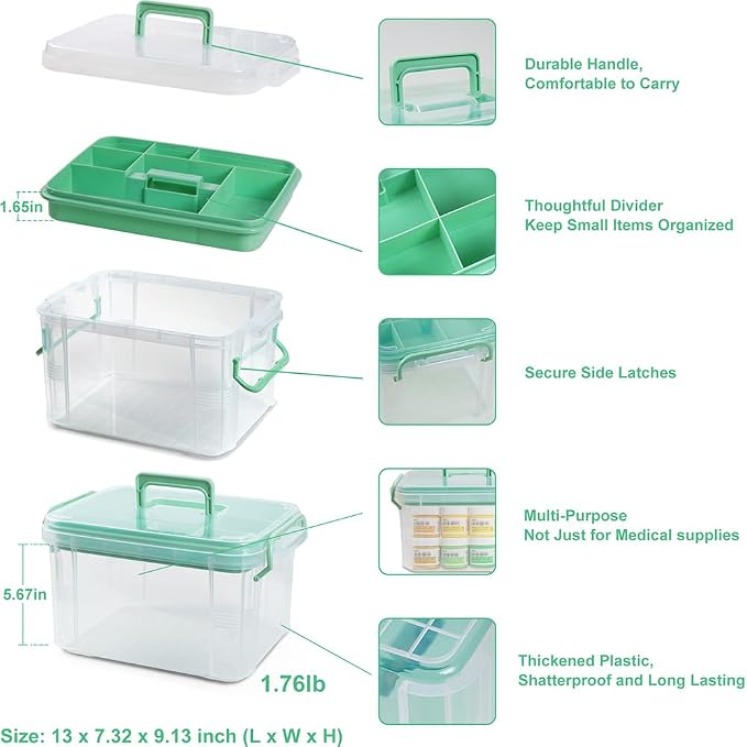 HEY FOLY 15qt Clear Medicine Organizer Storage Box with Tray, Plastic First Aid Box Empty, Thickened Medicine Container Chest, Multipurpose Medical Case with Labels, Medicine Caddy with Lids Handles