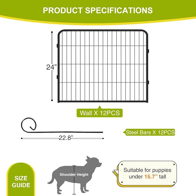 BestPet Dog Playpen 24 Inch 12 Panels Heavy Duty Metal Pet Exercise Pen Without Door Indoor Outdoor Fence Panels Anti-Skid Expandable Design