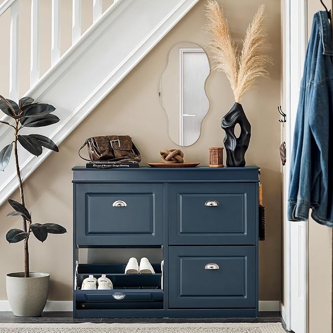 Haotian Shoe Cabinet with 4 Flip Drawers | Large Freestanding Shoe Rack, Modern Shoe Organizer for Entryway, Hallway, Entrance Navy FSR79-B