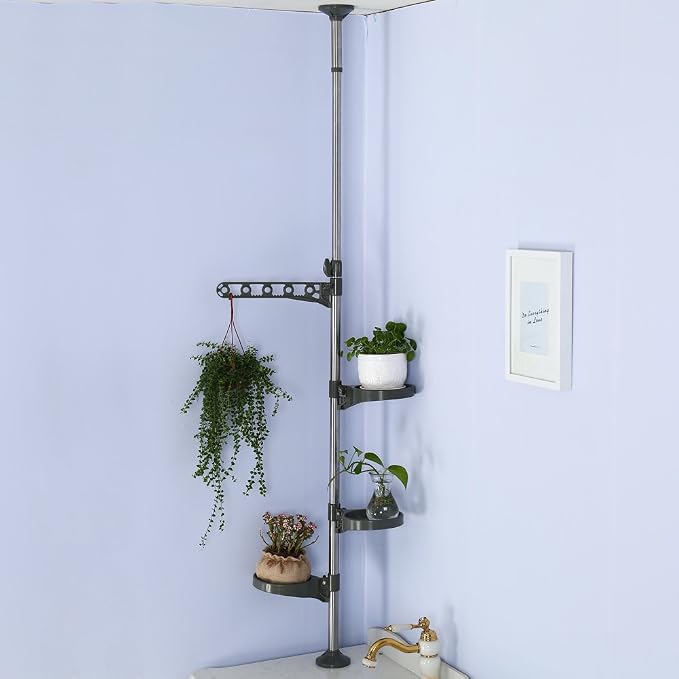BAOYOUNI Plant Stand Tension Rod, 3 Trays+1 Arm Adjustable Grey | Window Sill Flower Display Rack, Vertical 4-Tier Corner Storage，Indoor Pole Hanger for Counter Top & Home Decor