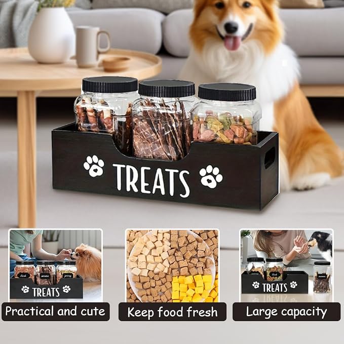 Dog Treat Container for Countertop, Pet Snack Storage Box Includes 3 Treat Jar & Wooden Pet Treat Container Pet Food Organizer For Puppy Airtight Dog Treat Storage With Lids