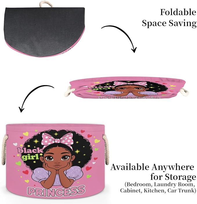 Large Storage Baskets, Black Girl Princess Nursery Organizer Bin Box with Handles Collapsible Round Laundry Hamper for Kids Toys Pet Blanket, Bedroom Living Room Home Decor Gift Basket