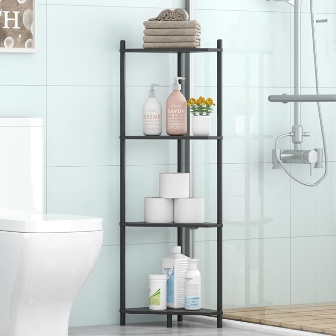 Wisuce Black Small Corner Shelf Stand, 4-Tier Bamboo Corner Bookshelf | Space-Saving Narrow Corner Shelf | Bathroom Corner Shelf | Shelves for Bedroom, Living Room, Kitchen & Plant Display