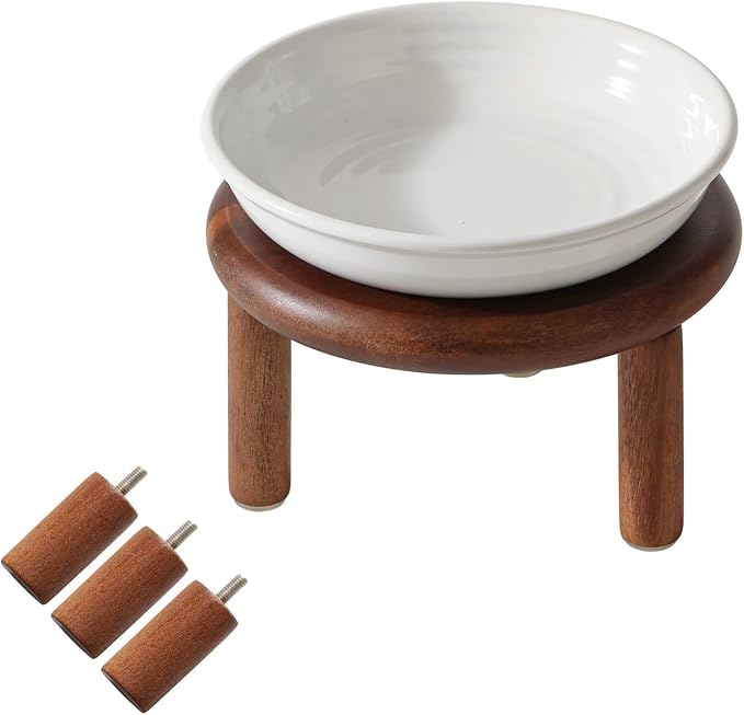 Havniva Elevated Cat Bowls, Ceramic Cat Bowl with Wood Stand, Wide Opening | 5.7” Raised Cat Food Bowls, Whisker Friendly Cat Dish, Anti-Slip Cat Water Bowls, Shallow Cat Bowls, Cat Food & Water Bowl