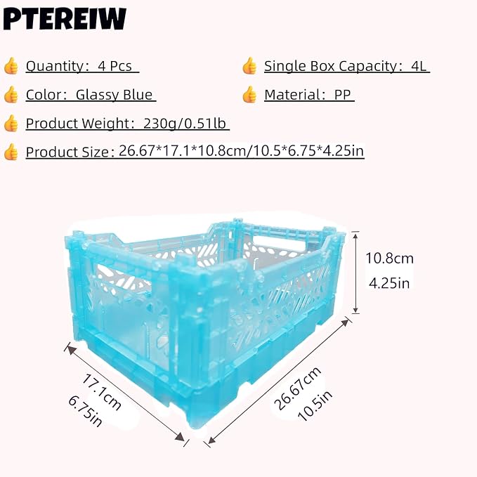 Mid Size Pastel Plastic Storage Crates and Baskets, Collapsible Crates for Organizing, 4L Space Saving Bins for Classroom, Kitchen, Office, Bedroom,Desk Organizer. (Blue)