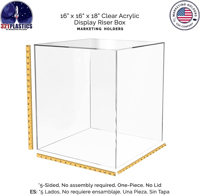 16" x 16" x 18" Clear Acrylic Display Box No Lid Versatile Square Plexiglass Retail Product Storage Bin or Merchandise Riser with One Open Side by Marketing Holders