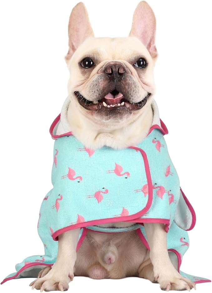 HDE Dog Bathrobe Super Absorbent Quick Drying Puppy Towel Wrap Coat Adjustable After Bath Robes with Hood for Dog Sizes S-XXL Flamingos M