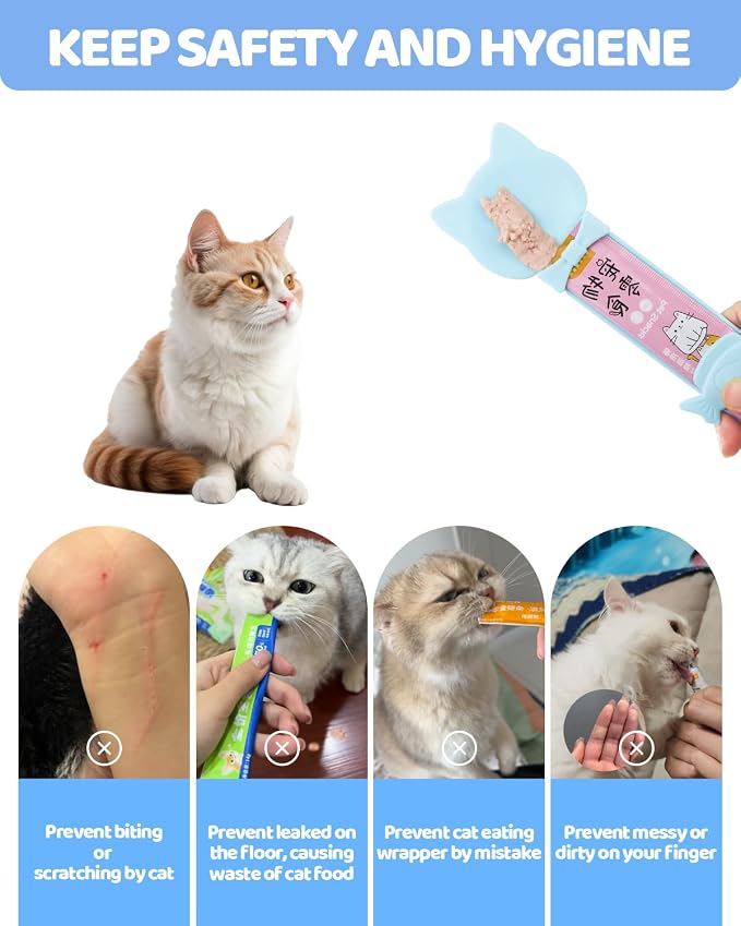 5 PCS Cat Food Can Covers Lids Set, Silicone Pet Food Can Lids with Multi-Function Cat Food Spoon and Opener, Cat Bar Squeezer, Stainless Steel Wet Food Spoon for Cats and Dogs (Blue)