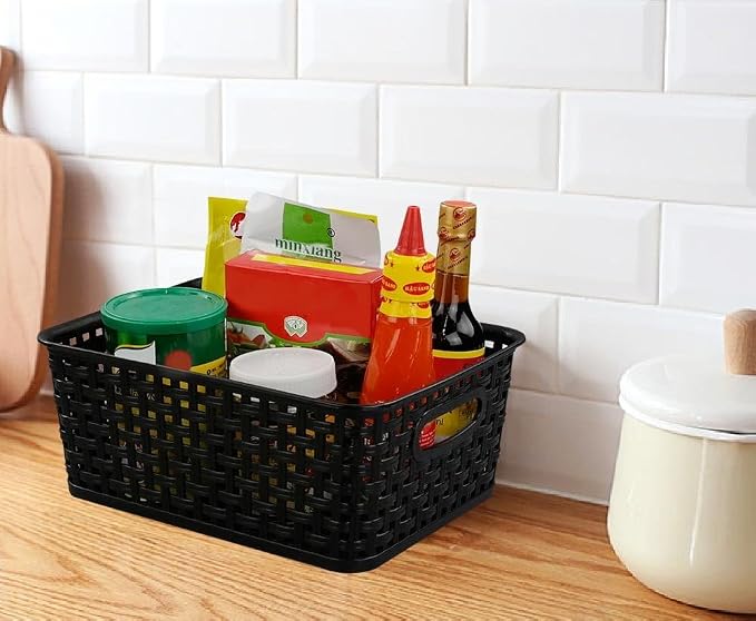 6-Pack Plastic Storage Basket, Woven Basket Bin | Breathable Woven Design, Plastic Structure, Cutout Side Handles, Ideal for Pantry, Cabinet and Office Supply Organization