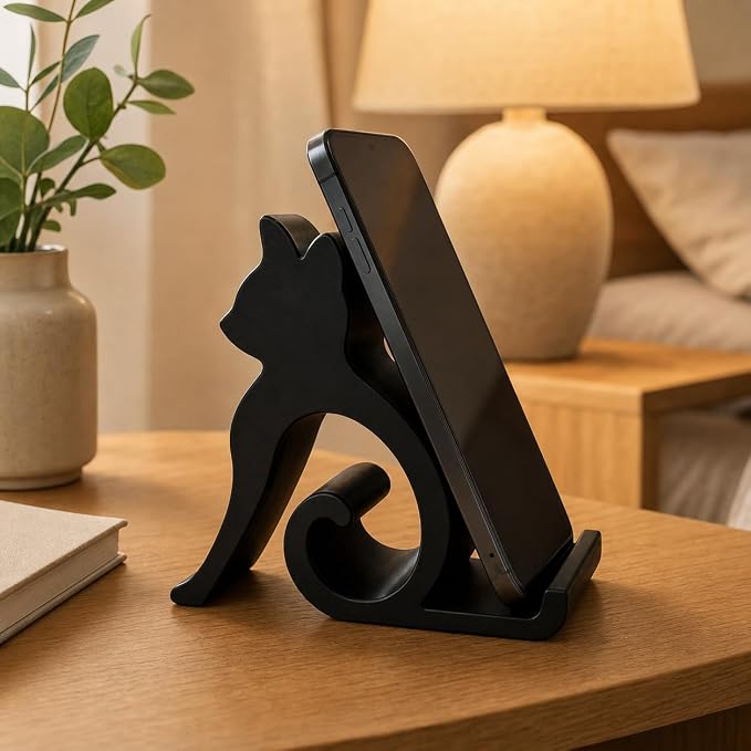 Phone Stand, Black Cat Desktop Cell Phone Holder Mount Decor | Handsfree Kitten Shaped Phone Mount, Desktop Halloween Decor Gift for Pet Lovers, Office Bedside Table Use
