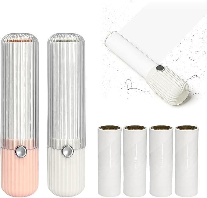 2 PCS Mini Lint Roller with 6 Roller Refills - Reusable Portable Lint Remover for Clothes, Furniture, Pet Hair - Travel Essentials Household Use(Pink & White)