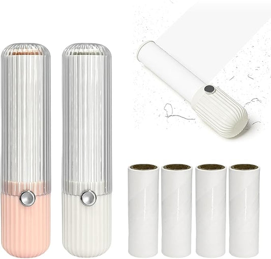 2 PCS Mini Lint Roller with 6 Roller Refills - Reusable Portable Lint Remover for Clothes, Furniture, Pet Hair - Travel Essentials Household Use(Pink & White)