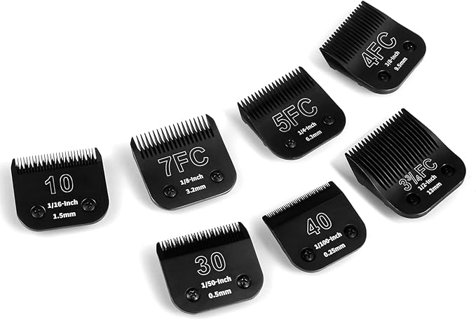 7-Pack Removable Dog Grooming Steel Blades, Compatible with Andis, Oster A5, Wahl KM-10 Series, Cutting Length 1/100" to 1/2" (10+30+40+7FC+5FC+4FC+3-3/4FC-Black)