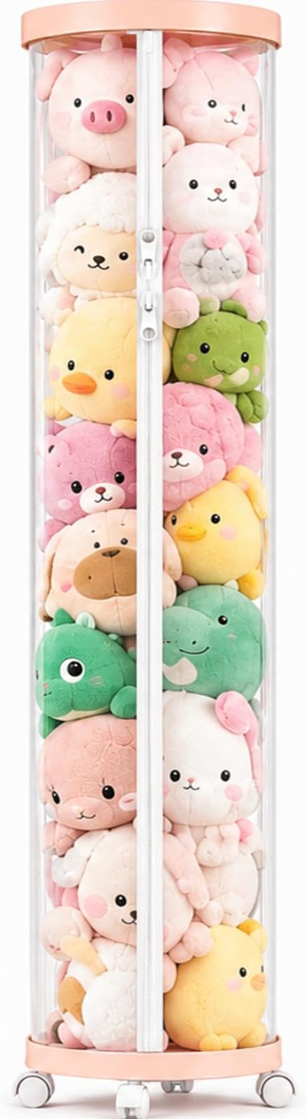 Upgraded Stuffed Animal Storage Tube,Tall (150cm) Plush Organizer with 4 Wheels,Pink PET Clear Bucket & Double Zipper, Space-Saving Toy Storage for Kids Room,Tidy Zoo Bin for Stuffed Animals