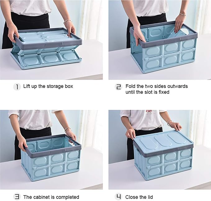 Lidded Storage Bins 2 Pack 30L Collapsible Storage Box Crates Plastic Tote Storage Box Container Stackable Folding Utility Crates for Clothes, Toy, Books ,Snack, Shoe, and Grocery Storage Bin-Blue