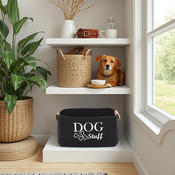 Morezi D og toy basket storage large bin pet puppy toy box in cotton rope perfect for organizing pet toys blankets leashes clothing doggie stuff - Black