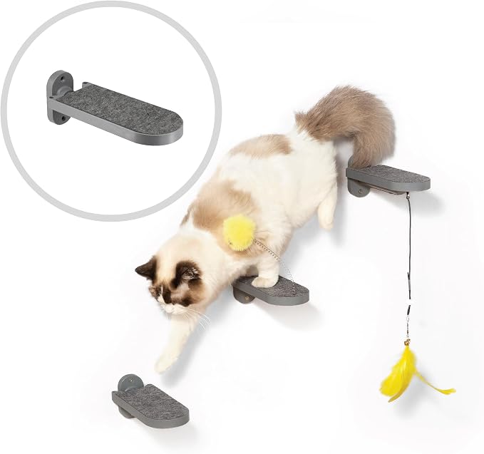 3-Pack Cat Steps, Climbing Stairs with Replaceable Felt Pad, Shelves with Cat Toy, Wall Furniture (Dark Grey)