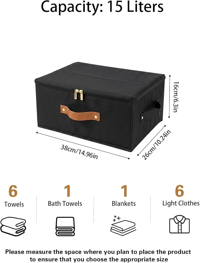 Tuza 3 Pack Foldable Storage Bin with Lid, Heavy-Duty Fabric Storage Box with Reinforced Handles, Collapsible Closet Organizer for Clothes, Bedding, Wardrobe & Bedroom Organization(Black, 15L)
