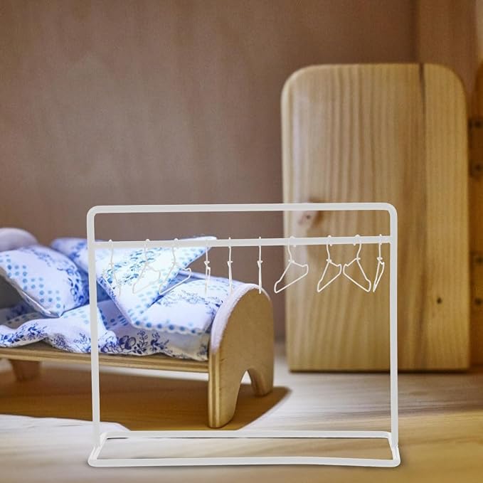 Doll Clothes Hanger Set Mini Clothes Rack with 10 Doll Hangers Metal Outfit Rack for Dollhouse Clothing Display Mini House Decor 5.90 X 4.72 X 2.16 in