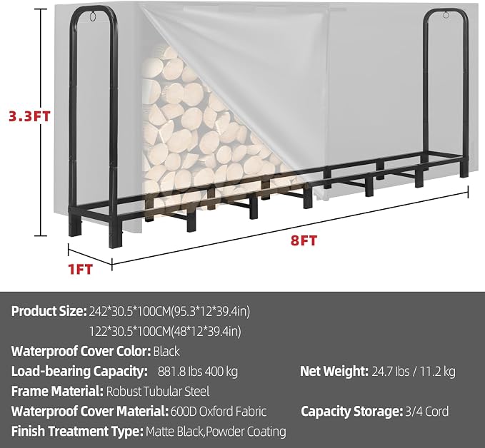 Kendane 8FT Firewood Rack Outdoor with Cover | Heavy Duty Adjustable Firewood log Storage & Holder, Wood Pile Lumber Storage Rack Stacking Outside for Courtyard Patio.