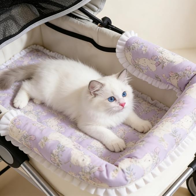 Plush Pet Stroller Pad, Removable Quilted Cotton Liner with Raised Anti Slip Edges Compatible with Dog Cart Strollers, Washable Traveling Cushion for Cats Puppies