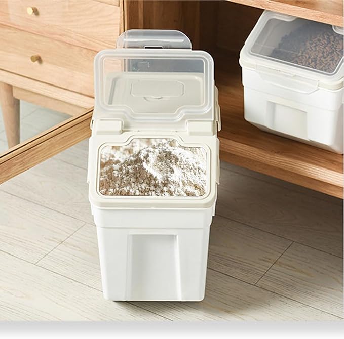 25LB Large Flour Storage Container Bin ,2 Pack Airtight Plastic with Wheels Seal Locking Lid Dispenser Organizer Storage Bin with Measuring Cup & Scoop for Flour, Rice, Grain 50LBS Total