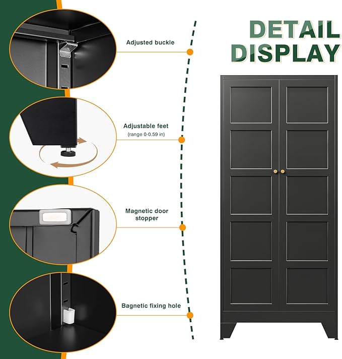 71" H Metal Storage Cabinet with 2 Doors and 4 Shelves,Tall Kitchen Pantry Cabinets,Utility Pantry Organizers for Cupboard/Dining/Bathroom/Home Office/Garage (Black, 71" H x 16" D x 32" W)
