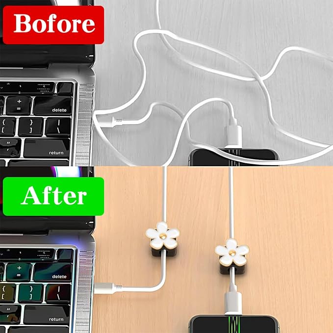 Magnetic Cord Organizer, Easy Secure Adhesive Cable Management, Wire Holder Organizer, Hide Or Organize Phone USB Charger Cable Clips for Home,Office,Car,Desk,Nightstand (White Flower-4 Pack)