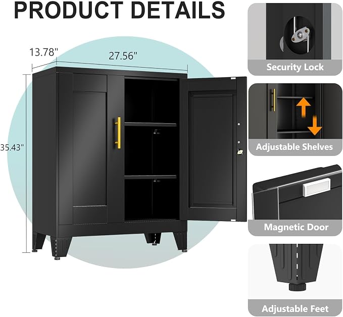 Small Metal Storage Cabinet, Lockable Tool Cabinet with Doors and 2 Shelves | 2 Adjustable Shelves, Locking Doors, Magnetic Closure, Adjustable Feet, Compact 27.6-Inch Width, Cold-Rolled Steel