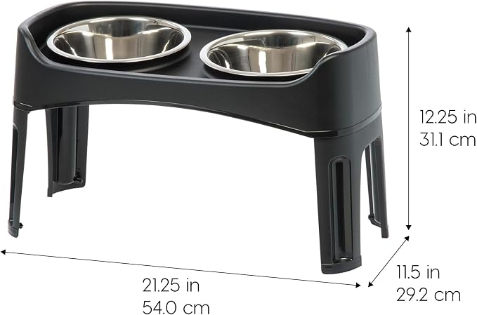 IRIS USA Elevated Dog Bowls, Dual Height 4.63" or 12.25" Made in USA, Black | Includes 2 Stainless Steel Bowls (64oz), Spill Guard, Height Adjustable, Non-Slip Feeder, Helps Reduce Neck Strain