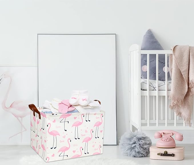 Flamingo Pink Basket Nursery Storage Basket Rectangular Cute Pattern Storage Bin Organizer Book Shelf Basket Flamingo Room Decor(Love Flamingo)