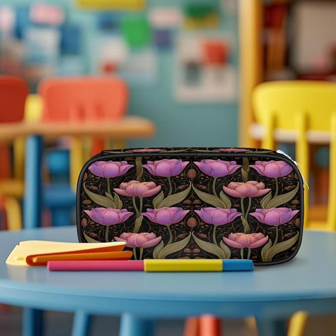Pencil Case Large Capacity Pencil Bag Vintage Pink Purple Tulips Pouch Box Organizer Pen Case, School Supplies for Teen Adult