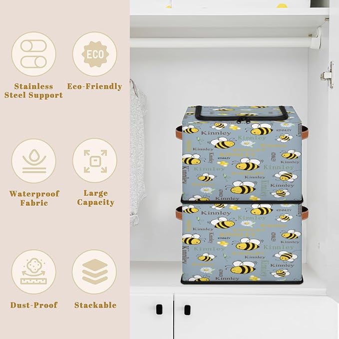 Personalized Kids Toy Box with Name, Custom Cartoon Bee with Daisy Floral SteelBlue Nursery Baskets Cubes Box with Zipper Lid, Custom Storage Basket Laundry Baskets Organizer with Handles