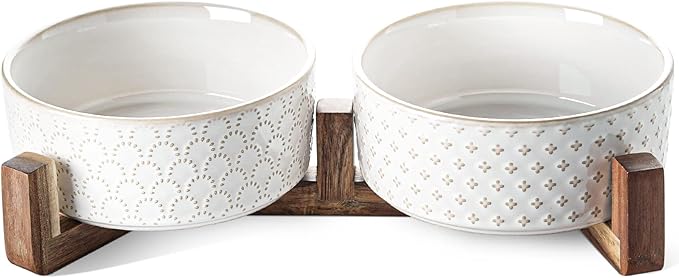 LE TAUCI Dog Bowls Ceramic for Small Medium Dogs - 3-Cup Dual Food & Water Bowl Set with Acacia Wood Stand, Non-Slip Anti-Tip Elevated Design