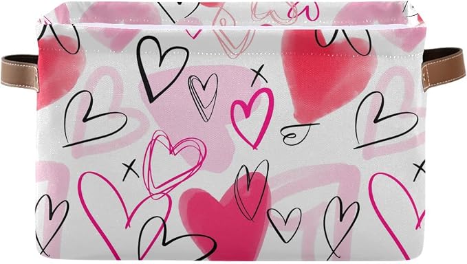 Happy Valentine's Day Pink Love Storage Basket Fabric Laundry Baskets Red Heart Storage Boxes Organizer Bag for Baby Cloth Dog Toy Book Storage Cubes Shelf Closet Bins 16×12×8 Inches