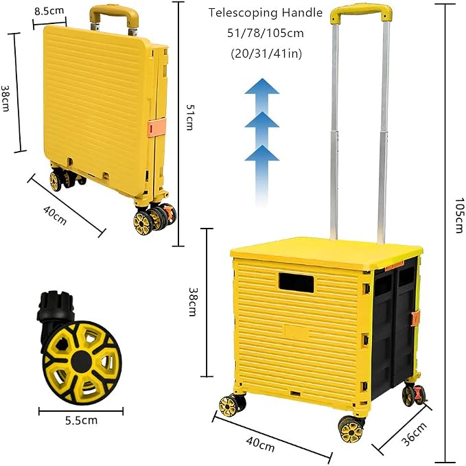 FELICON SELORSS Foldable Utility Cart Folding Portable Rolling Crate-Yellow | Durable,Heavy Duty,Plastic Box,Telescoping Handle,4 Rotate Wheels,Collapsible Handcart for Travel Shop Move Luggage Office