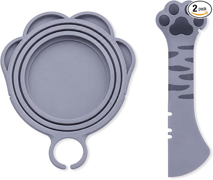 Meow&Woof Cute Cat Pet Can Food Cover with Spoon - One Lid and One Spoon Pack (Gray)