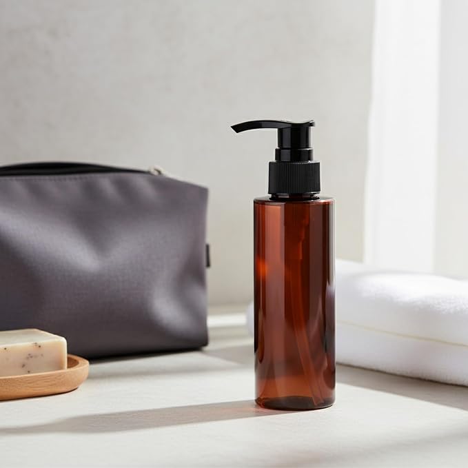 Amber PET Lotion Pump Bottle, Refillable Dispenser for Travel & Bathroom Storage, Black Finish