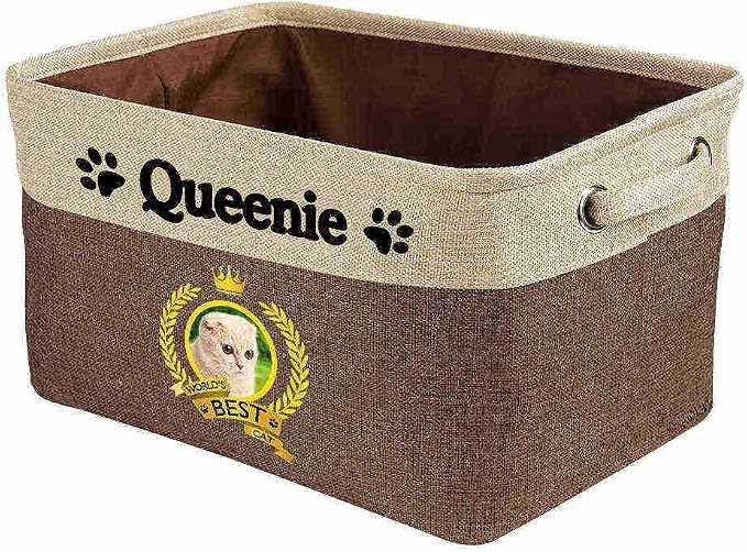 Custom Name Collapsible Dog Toy Storage Basket Bin World's Best Cat Cute Scottish Fold Foldable Pet Toy Box Closet Shelf Baskets Organizer for Bedroom Home Dog Cat with Handles Brown