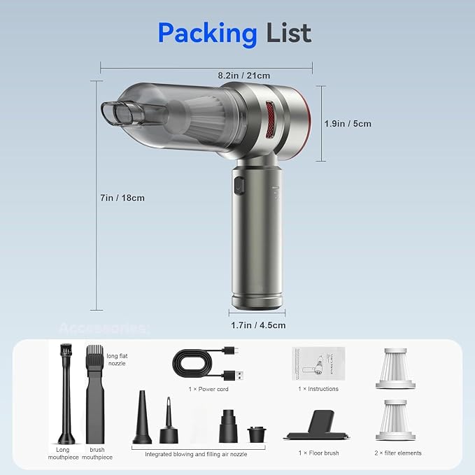Car Vacuum Cleaner High Power, 20000 Pa 4-in-1 Powerful Vacuum for Car, 6000 mAh, USB-C Rechargeable, Portable, Mini Vacuum Cleaner for Wet/Dry Cleaning, Home, Kitchen, Office, Pet Hair.